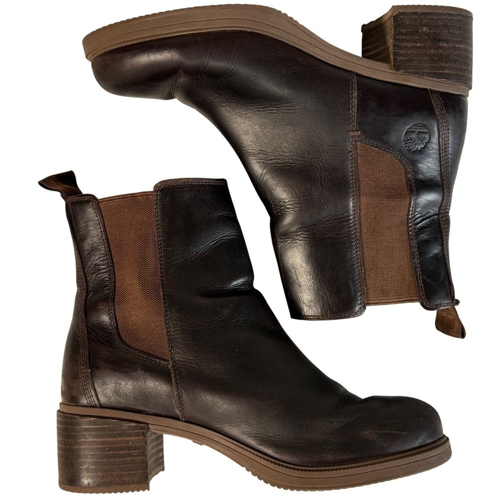 Timberland Womens 7.5 Brown Leather Chelsea Ankle Boots Block Heel ReBOTL Casual - Picture 4 of 10